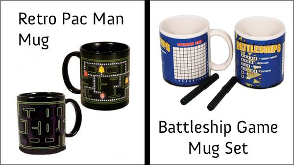 Battleship and Pacman mugs