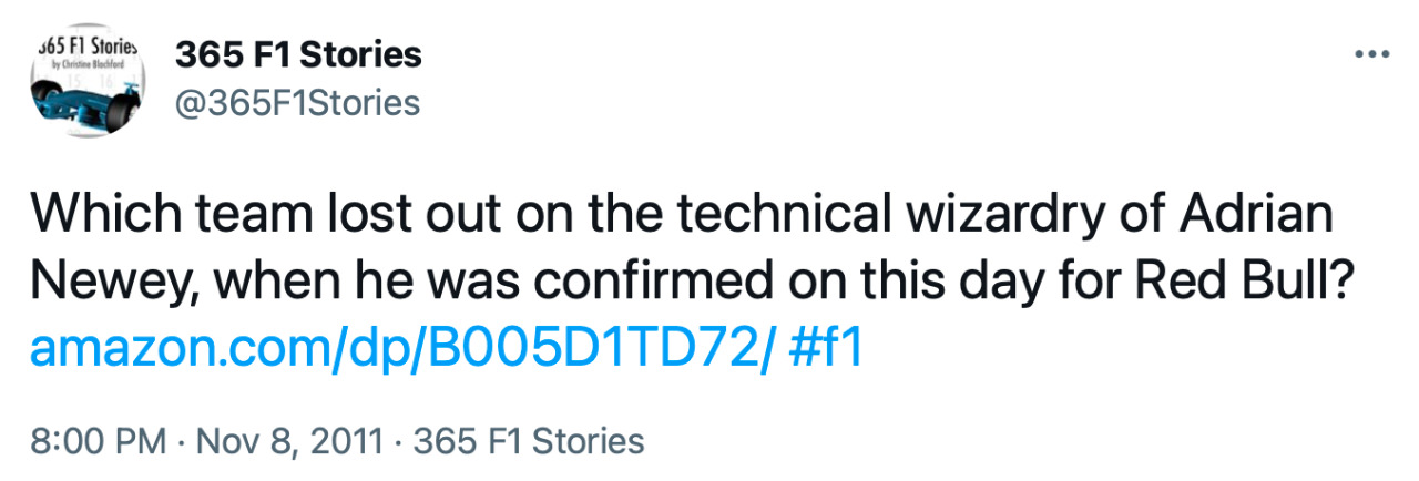 Tweet from 365 F1 Stories: “Which team lost out on the technical wizardy of Adrian Newey, when he was confirmed on this day for Red Bull?”