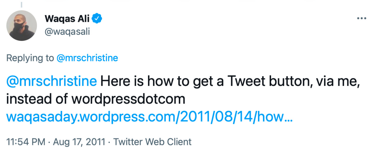 Tweet from Waqas Ali: &ldquo;Here is how to get a Tweet button, via me, instead of wordpressdotcom.&rdquo;
