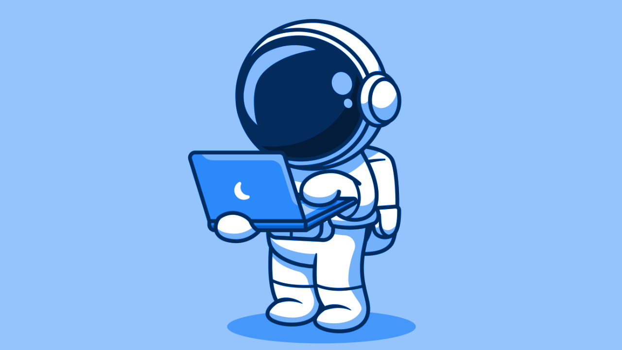 A cute illustration of an astronaut using a laptop in a blue hue
