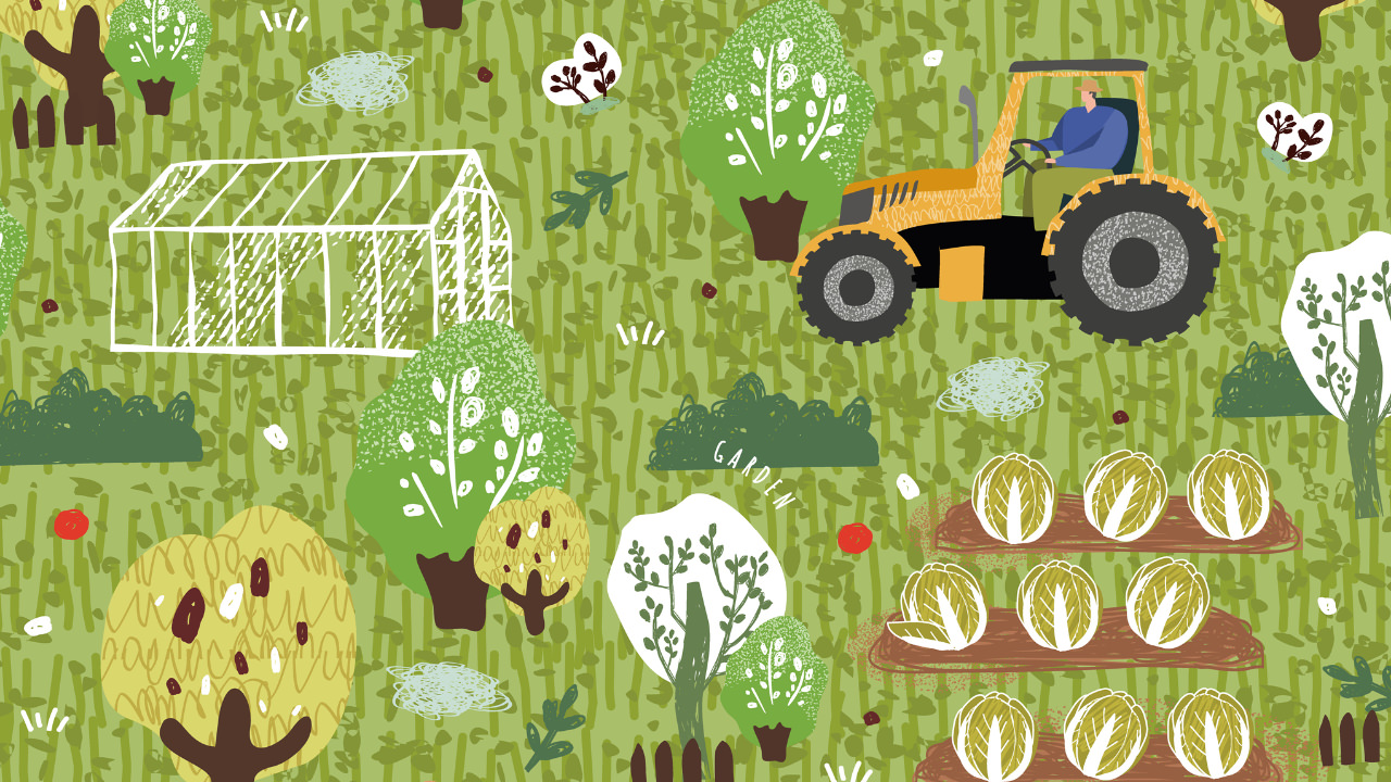 An illustration of farming and gardening, trees, crops growing and a tractor