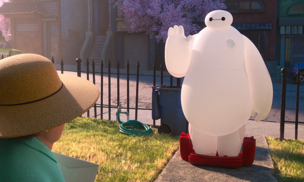 A still from the TV show Baymax, featuring main character Baymax, an inflatable robot, waving a greeting at a lady in a hat