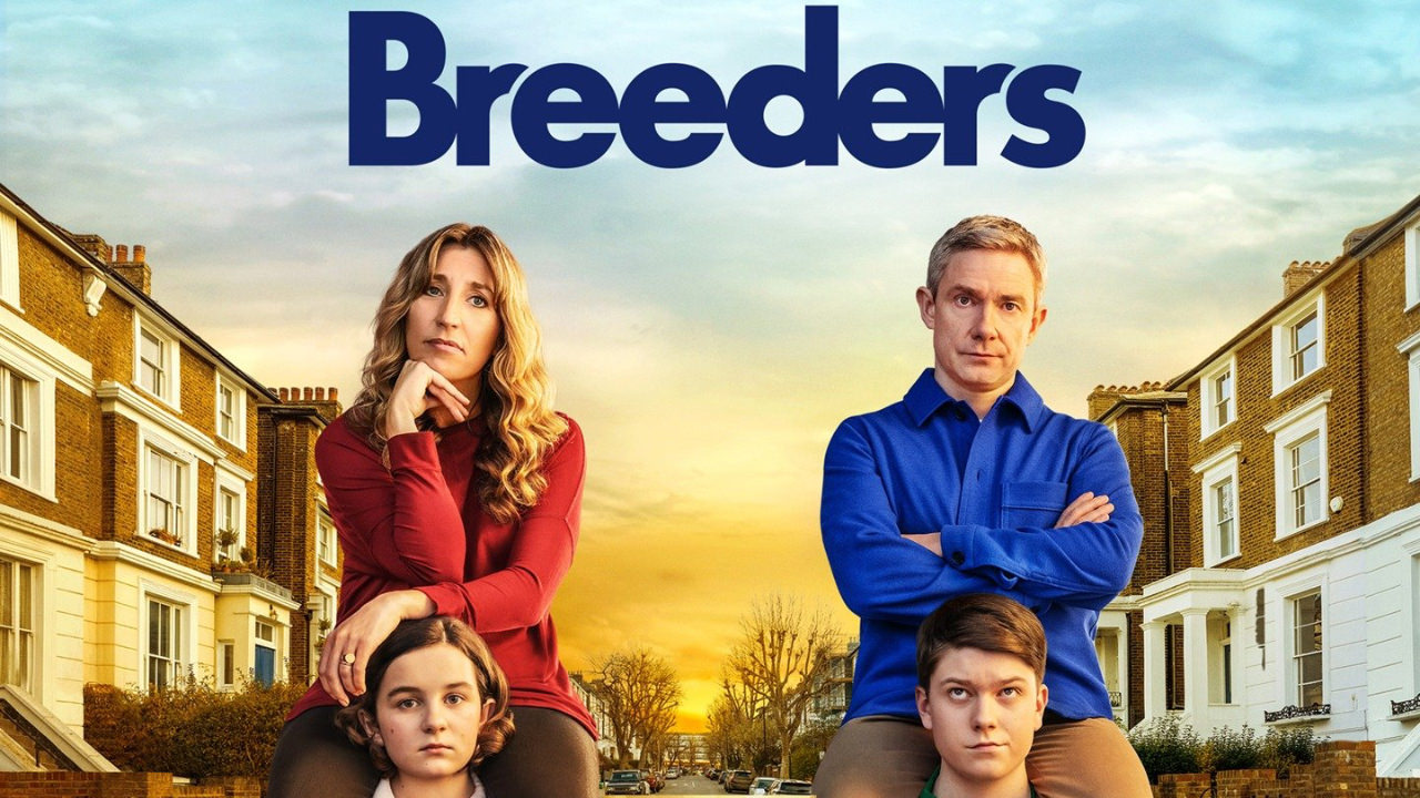The marketing image of Breeders, starring Daisy Haggard and Martin Freeman