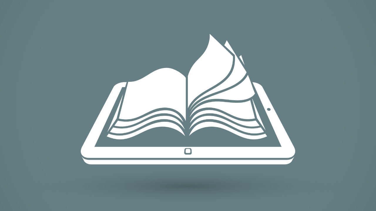 An icon representing a digital book - a tablet device with an open book sitting on top of it