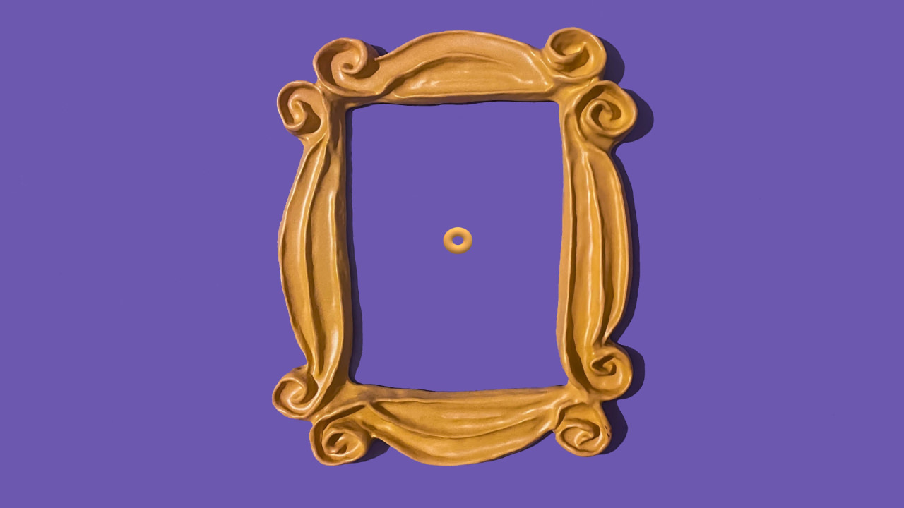 The yellow frame around a peephole on a purple door, as featured in Friends
