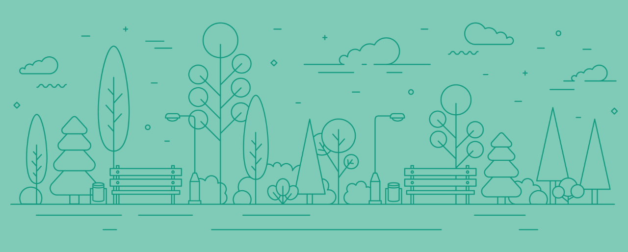Stick illustration of parkland with trees and benches in green