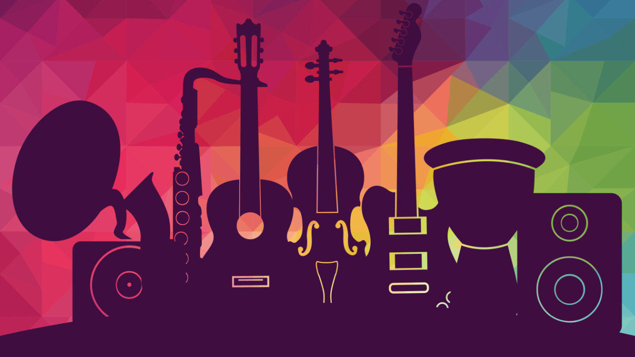 An illustration of a collection of musical instruments in shadow against a colourful background