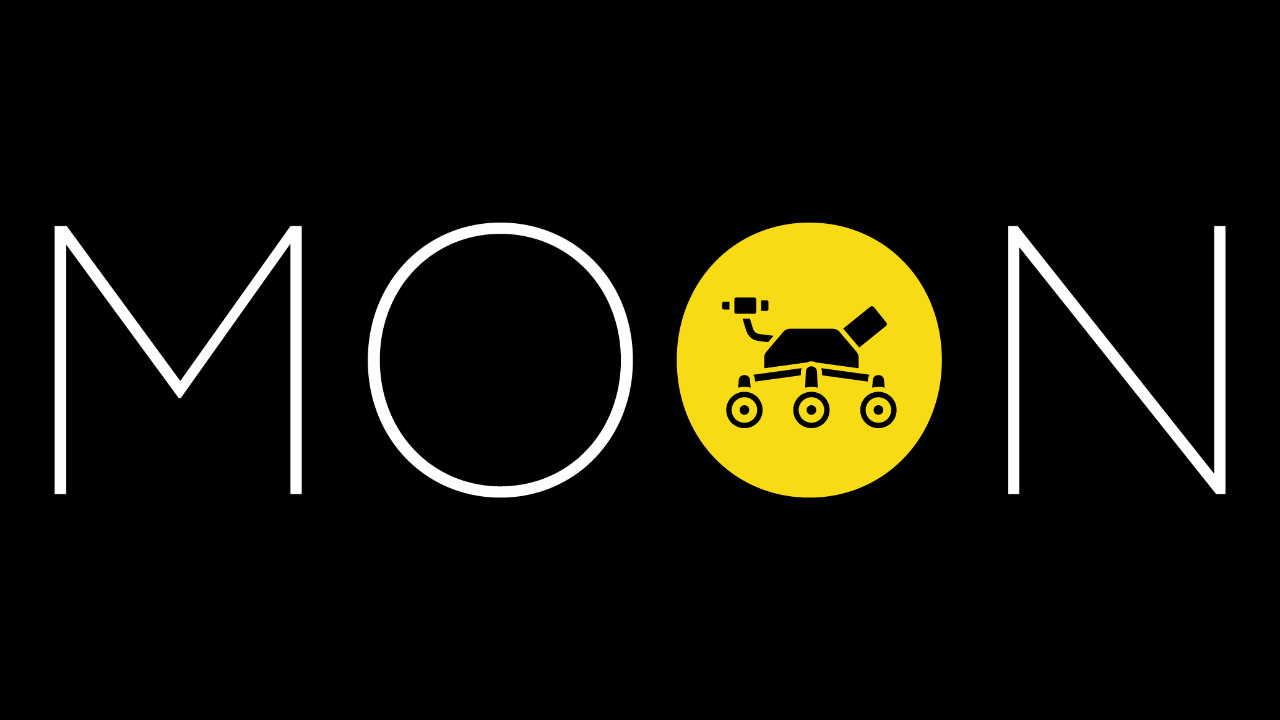 Text in white reading ‘Moon’ with an icon of a space rover in the second O