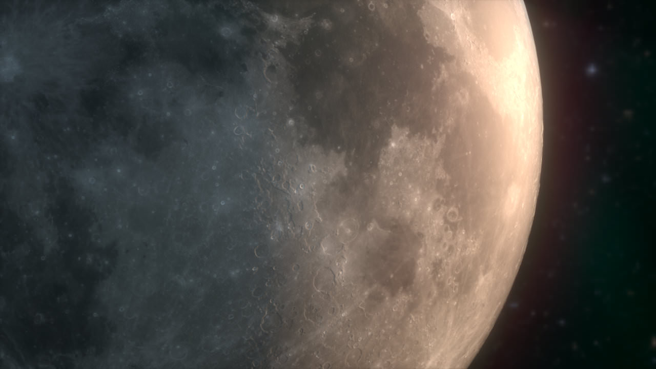 A render of the Earth’s moon, close up on a curve of the moon’s surface with the sun’s light reflecting in the top right against the darkness of space