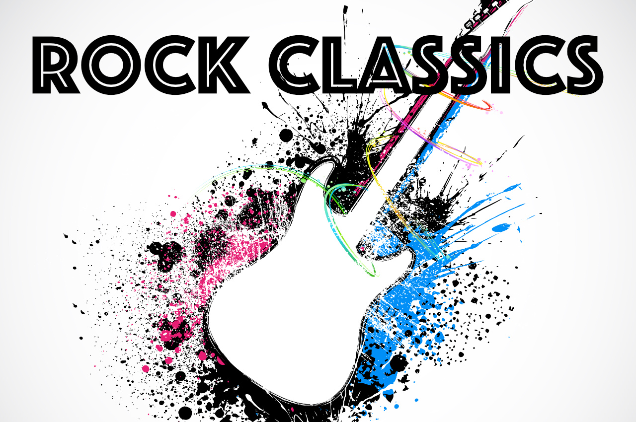 A splashy ink drawing of a rock guitar with the logo Rock Classics over the top
