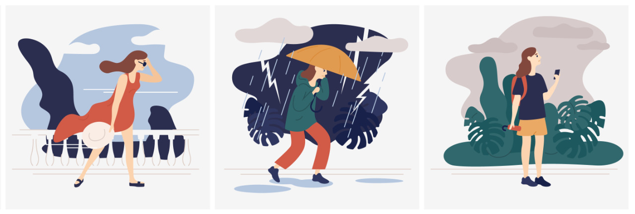 Three illustrations of a woman walking in three different kinds of weather: wind, rain and fog