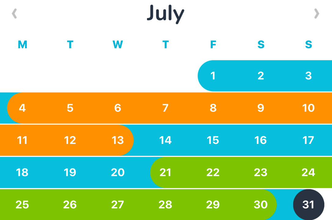 Waterllama screenshot showing the July calendar coloured in for a 31 day streak