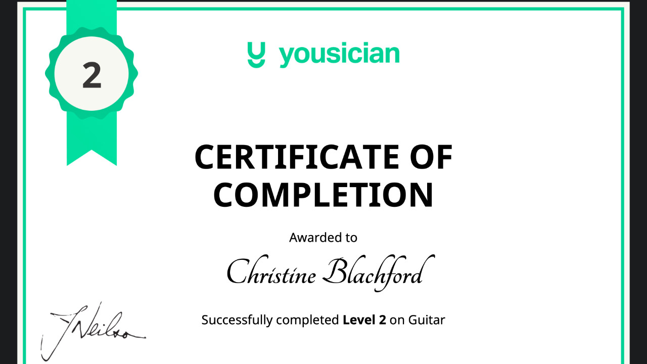 A certificate from the Yousician app confirming Christine Blachford has reached level 2 guitar