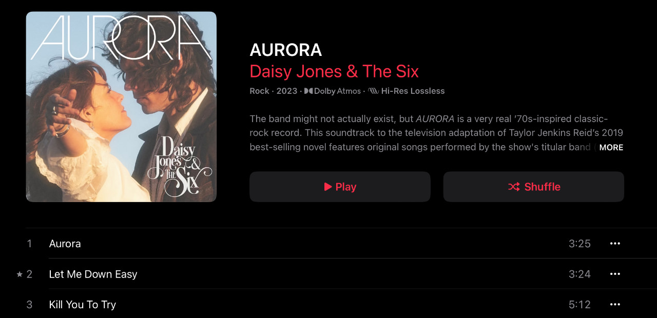 Screenshot from Apple Music of the album Aurora by Daisy Jones & The Six