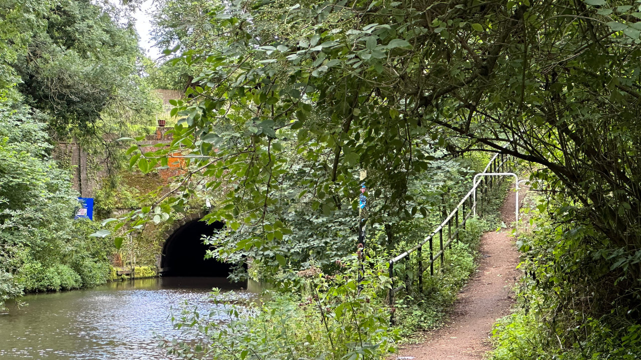 A view from the canal towpath, overgrown with green weeds and trees, of the Wast Hills tunnel entrance to the left and the towpath rising up and away from the canal to the right