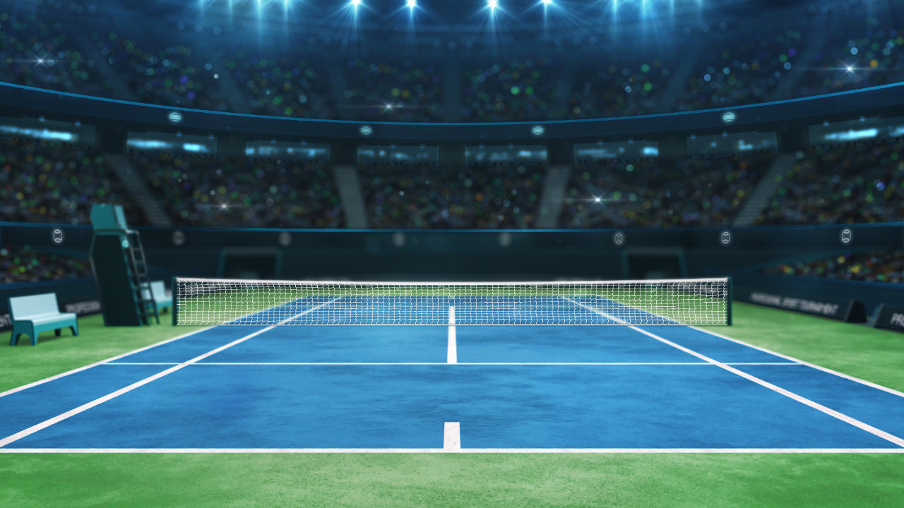 A rendering of an empty blue tennis hard court within a stadium, with bright lights shining down