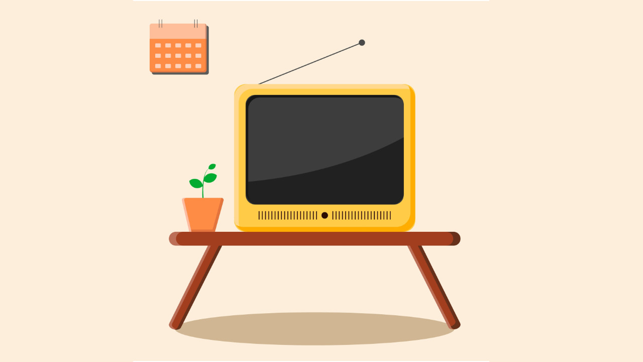 An illustration of an old style television with aerial sitting on a coffee table