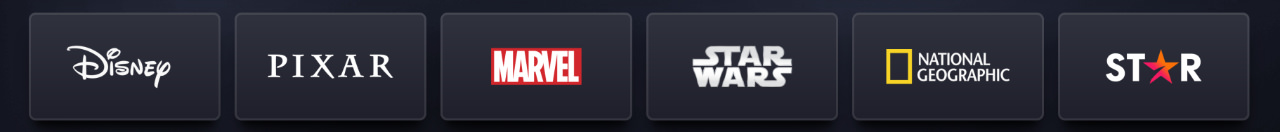 The category row on Disney+ featuring Marvel, Star Wars and more