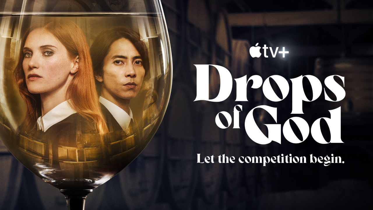 The marketing image for Apple TV+ show Drops of God featuring the two main characters Camille and Issei superimposed on a glass of wine