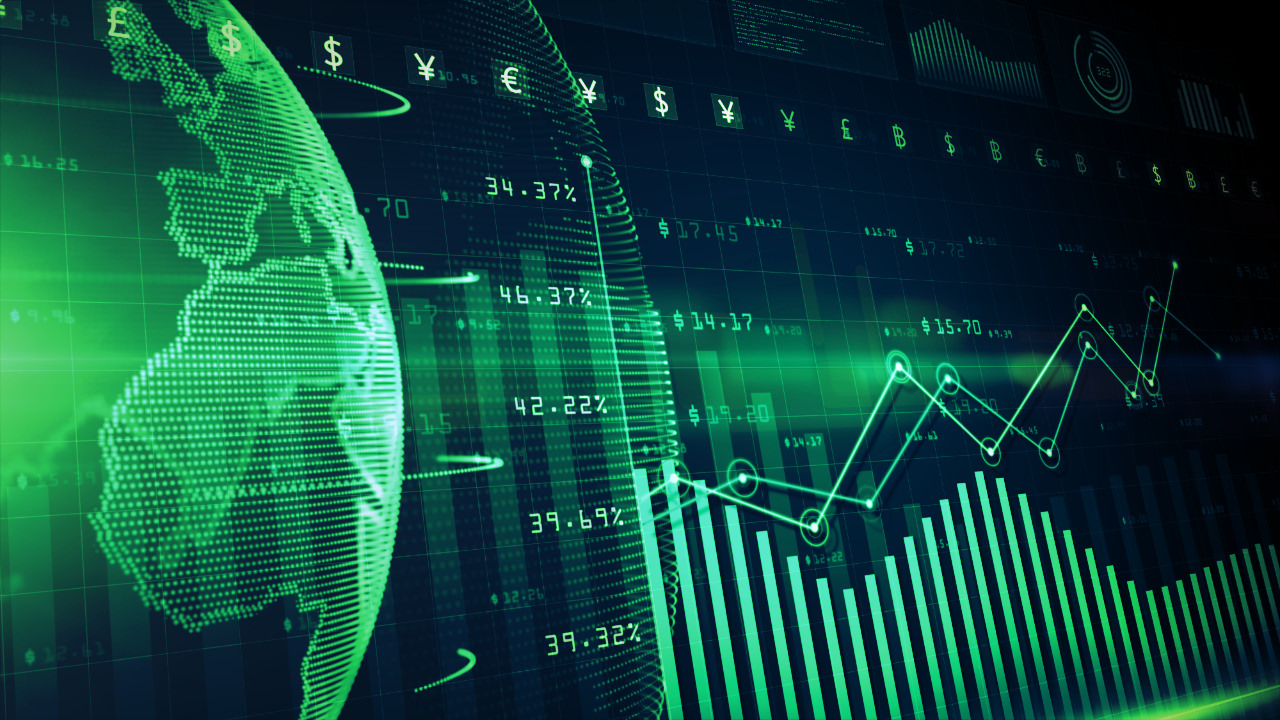 An illustration of a financial dashboard, futuristic style with a globe and charts superimposed upon each other