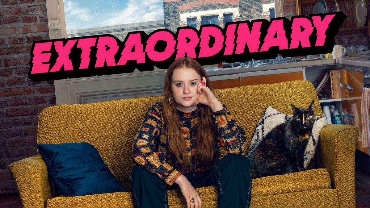 Poster for the Disney+ show Extraordinary featuring Máiréad Tyers sitting on a sofa looking at the screen, slightly fed up