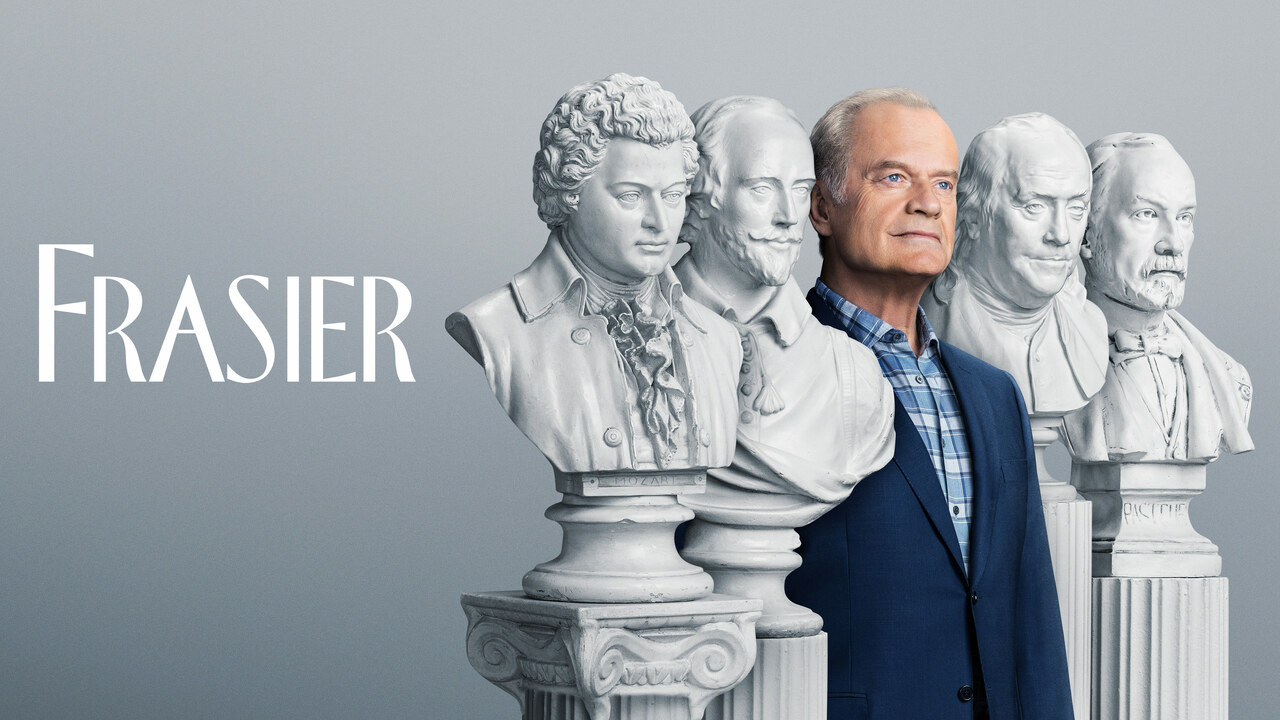 The marketing photo from the reboot series of Frasier, featuring Kelsey Grammar against a grey background alongside sculpture heads of several philosophers