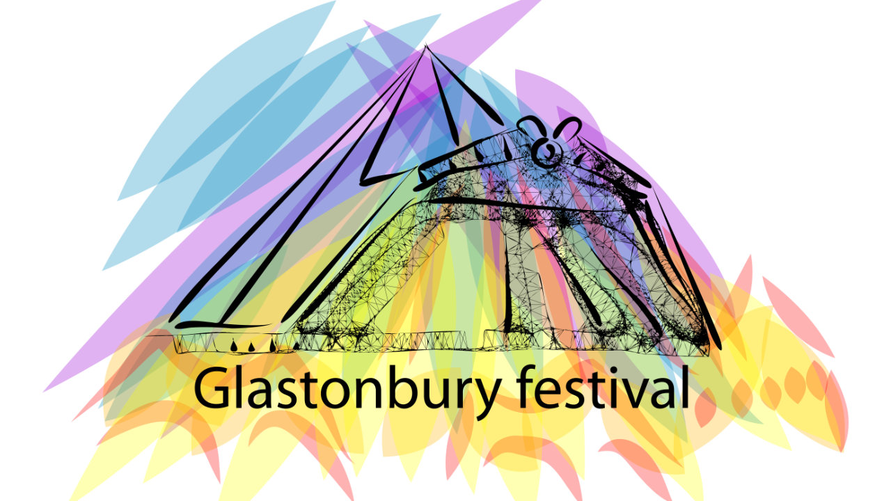 An illustration of the Pyramid Stage at Glastonbury Festival, in black line drawing, with splashes of colour over the top