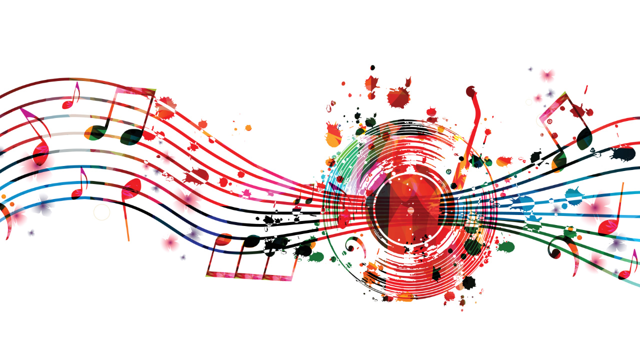 An illustration of a wavy line of sheet music, splashed with colour and paint spots