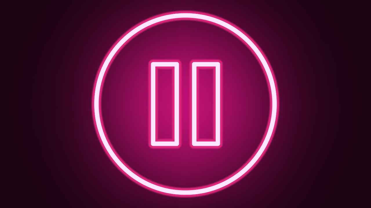A pause symbol in a circle, in pink neon lights
