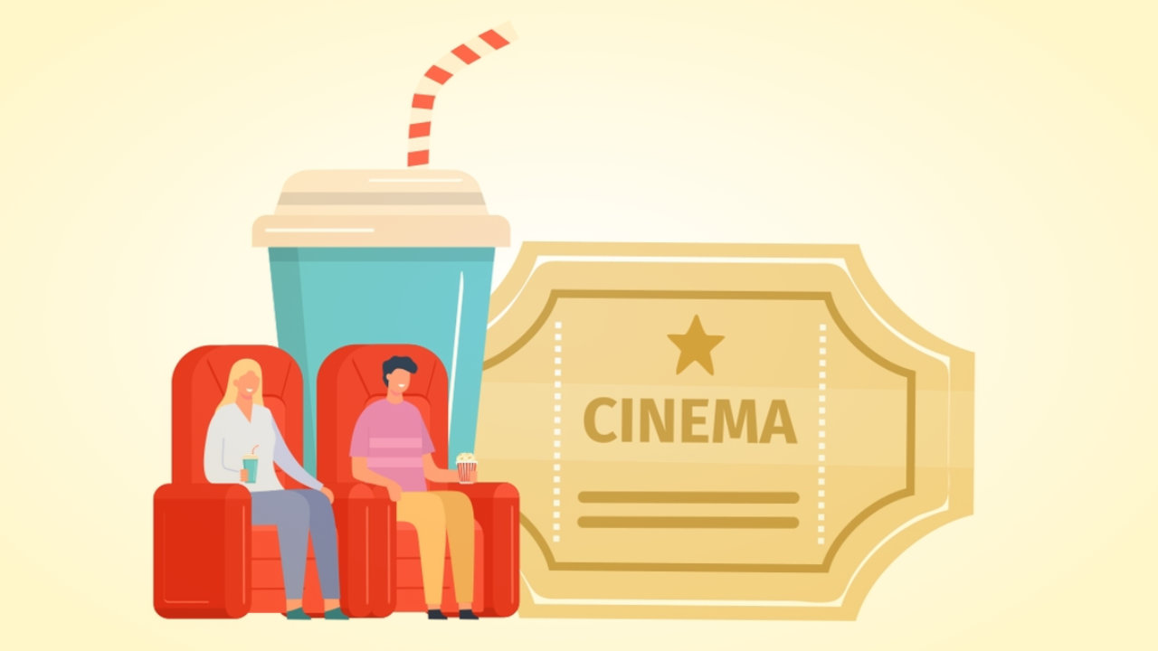 An illustration of a big soda with straw, two people sitting in cinema seats, in front of a giant cinema ticket