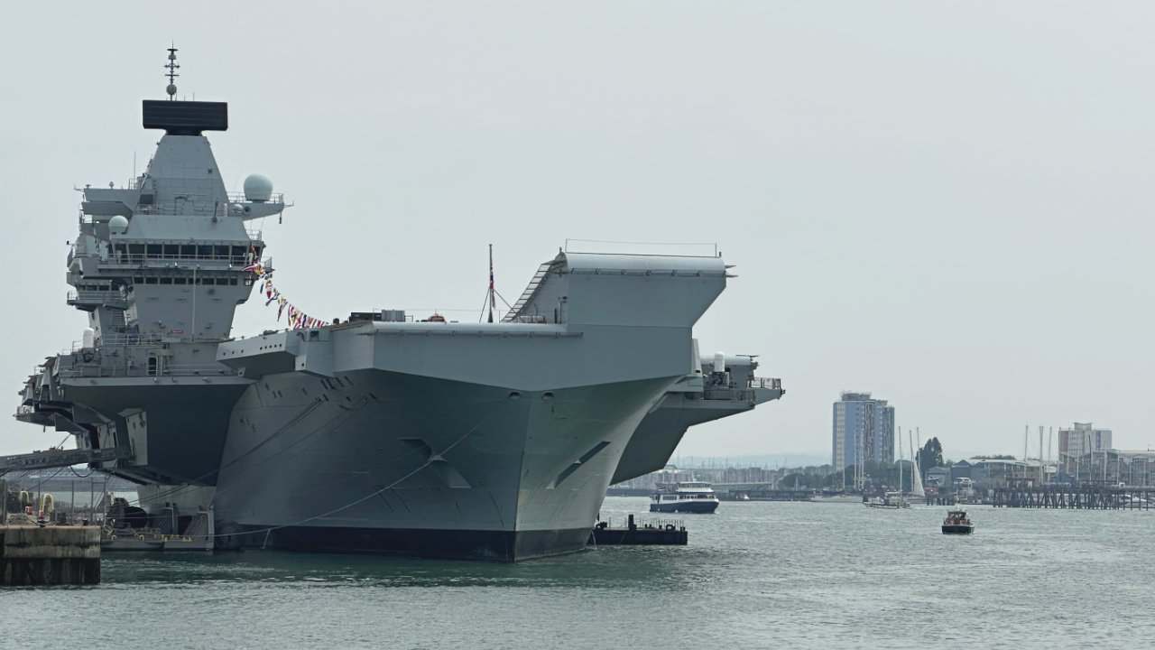View of the take off ramp on HMS Queen Elizabeth, moored in Portsmouth Harbour