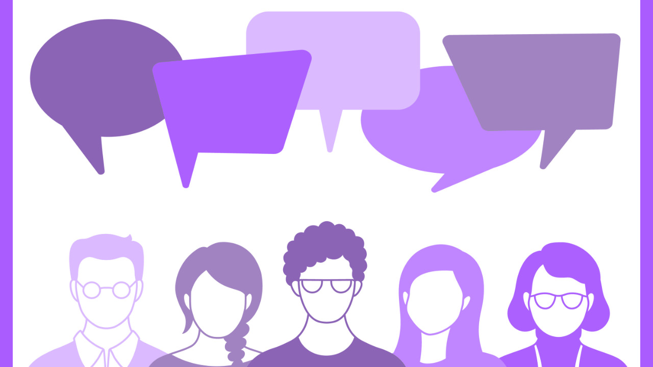 An illustration of five people in a line with empty speech bubbles coming from them