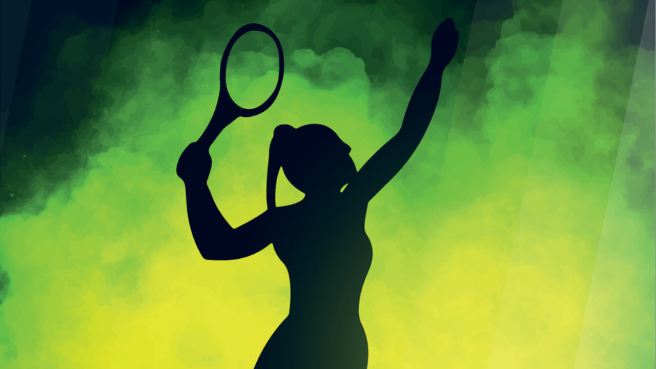 A tennis player in dark relief against a cloud of smoke or fog in green