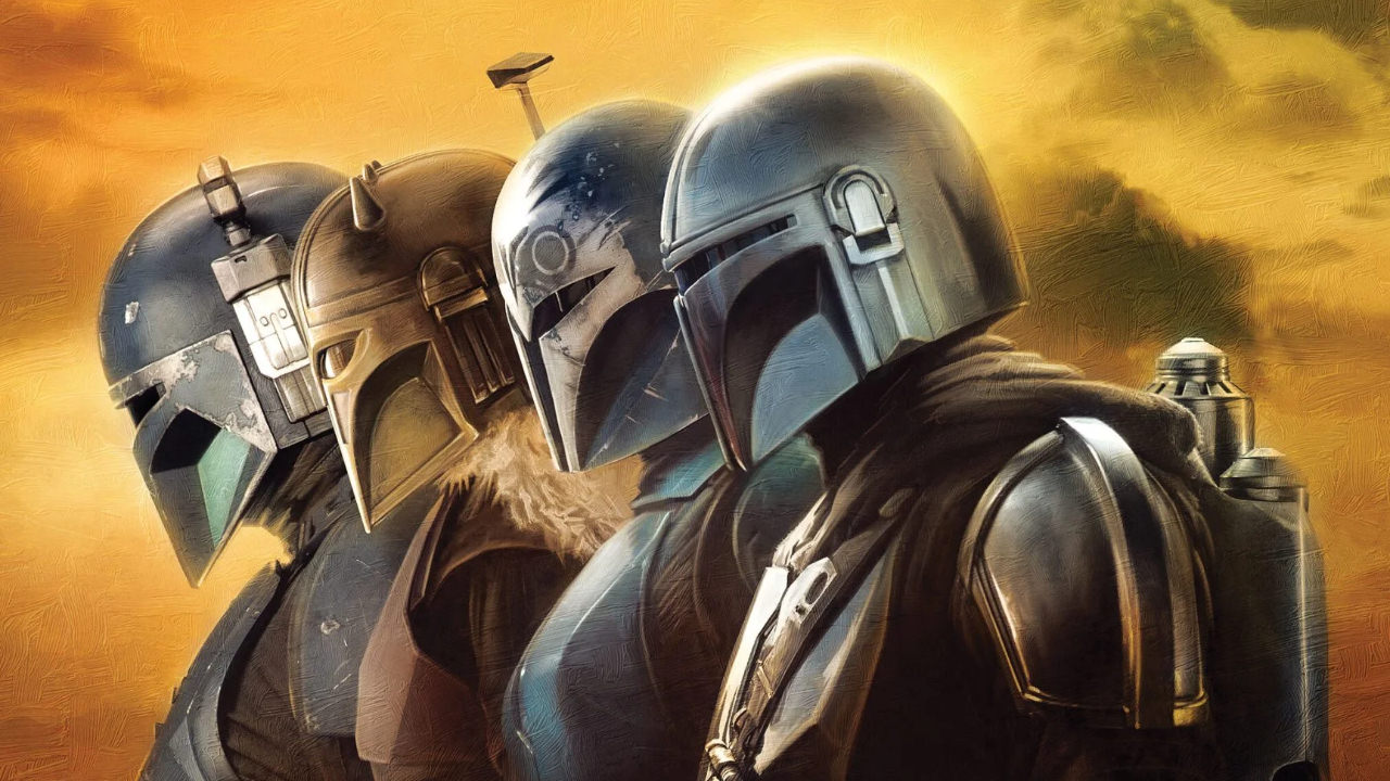 A poster for the third series of The Mandalorian featuring four characters in Mandalorian armour facing in line to the left