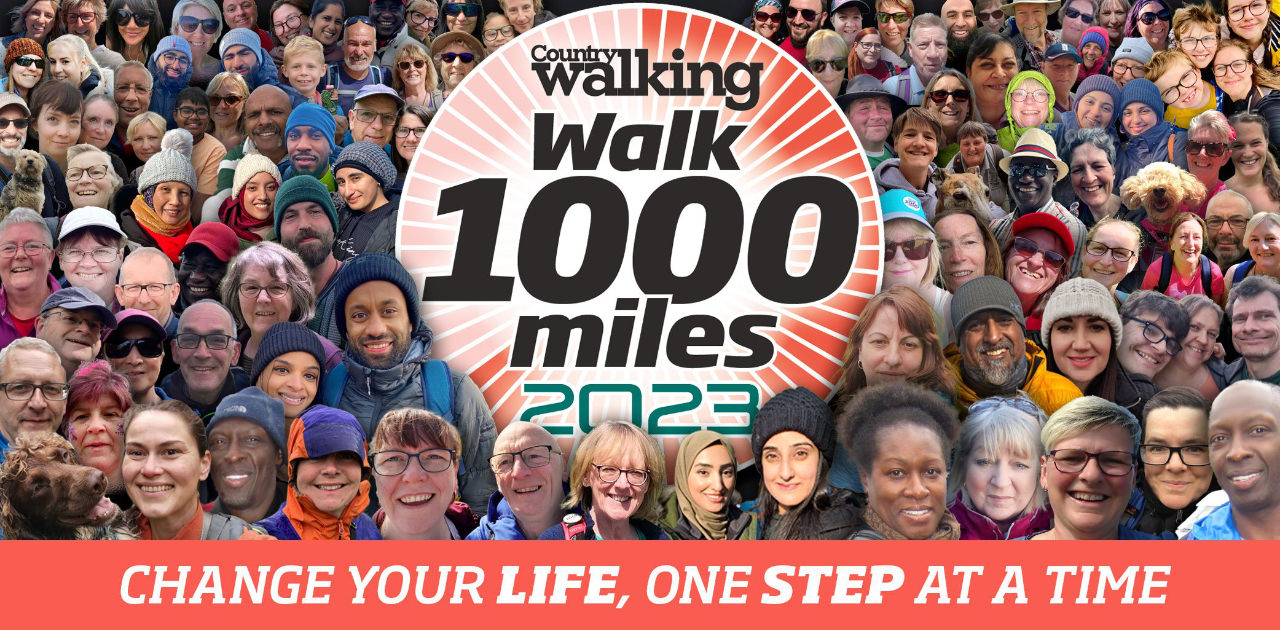 The Walk 1000 Miles marketing image, featuring the logo and in the background a collage of lots of smiling faces