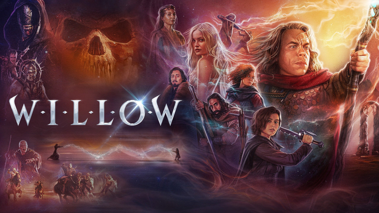The marketing poster for Willow featuring artist renderings of the characters in purple and red magical hues