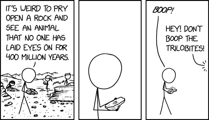 A comic strip by xkcd featuring a character digging up fossils and then booping a trilobyte on the nose