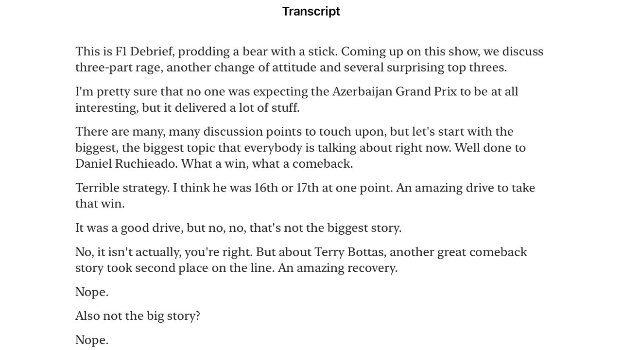A screenshot of the Apple Podcasts transcript for an episode of F1 Debrief on Sidepodcast