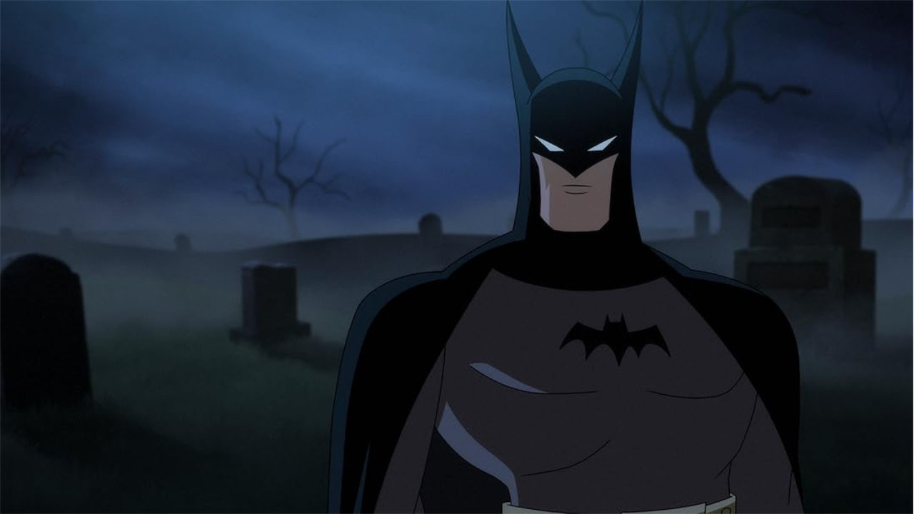 A still from the animated series Batman: Caped Crusader, featuring the main character facing the screen in his Batman outfit