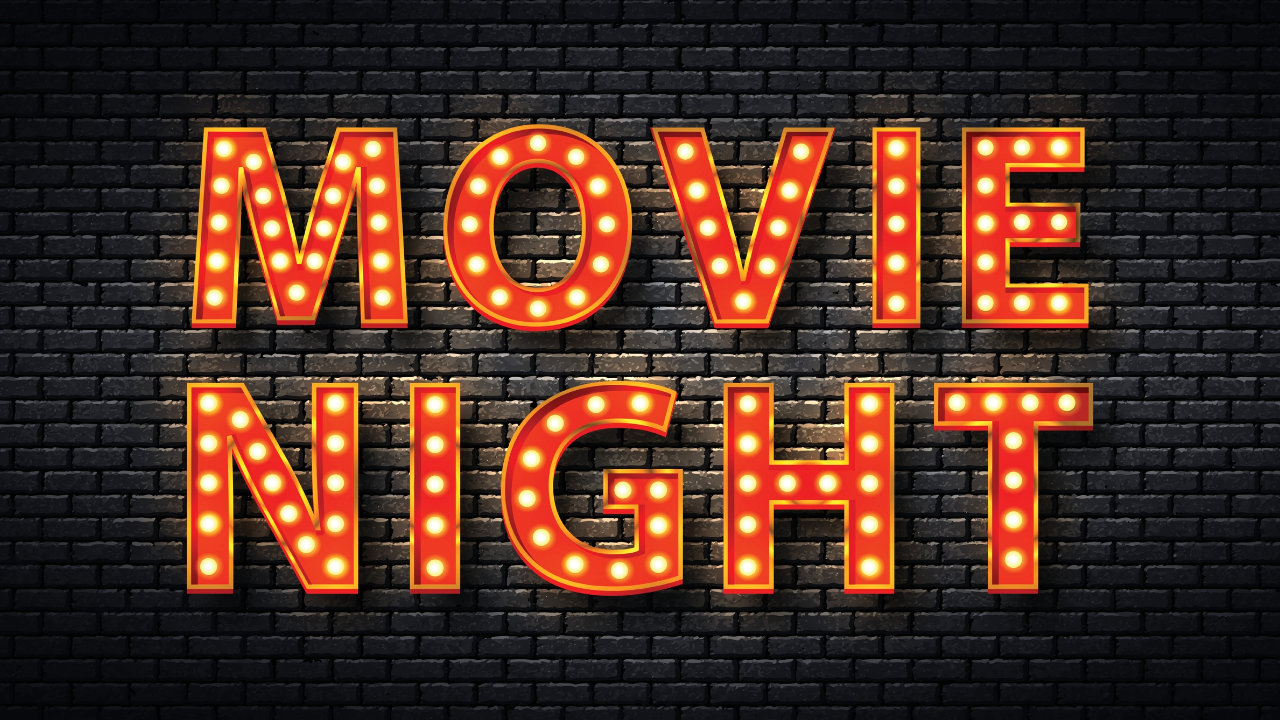 An illustration of a black brick wall with neon lettering saying &lsquo;movie night&rsquo; on top