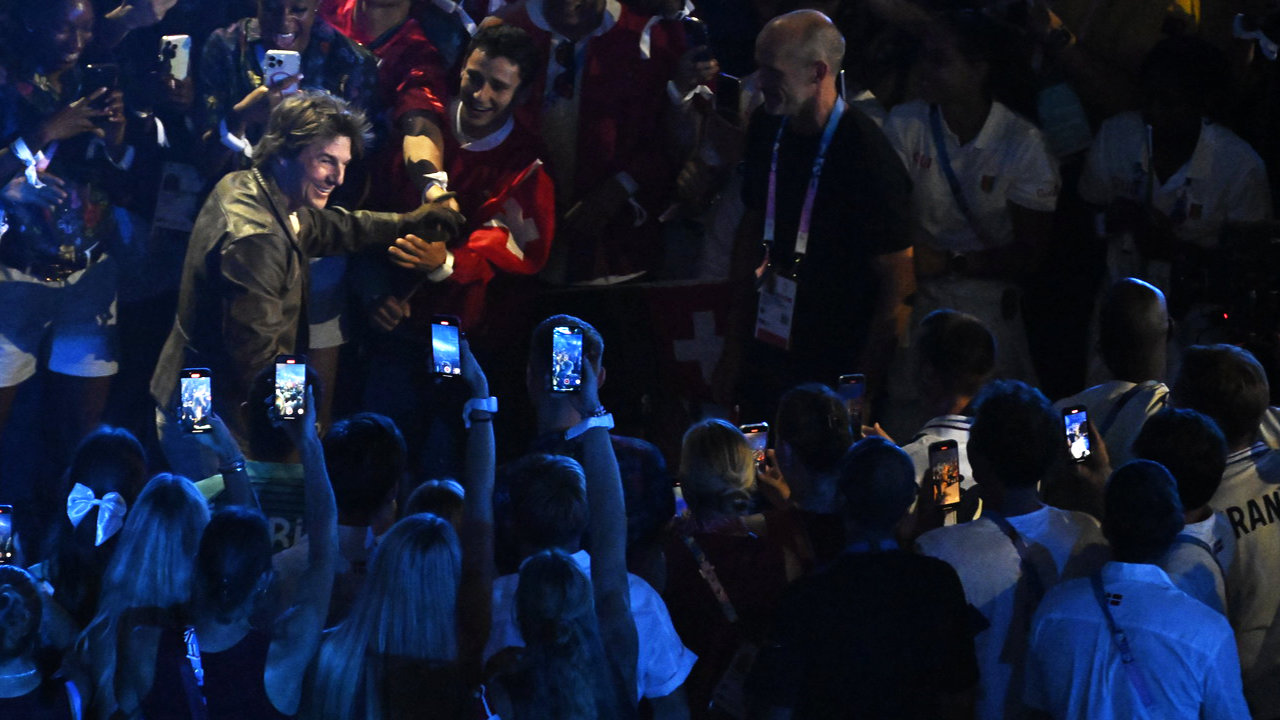 Tom Cruise during the closing ceremony of the Paris 2024 Olympics, walking through the crowd