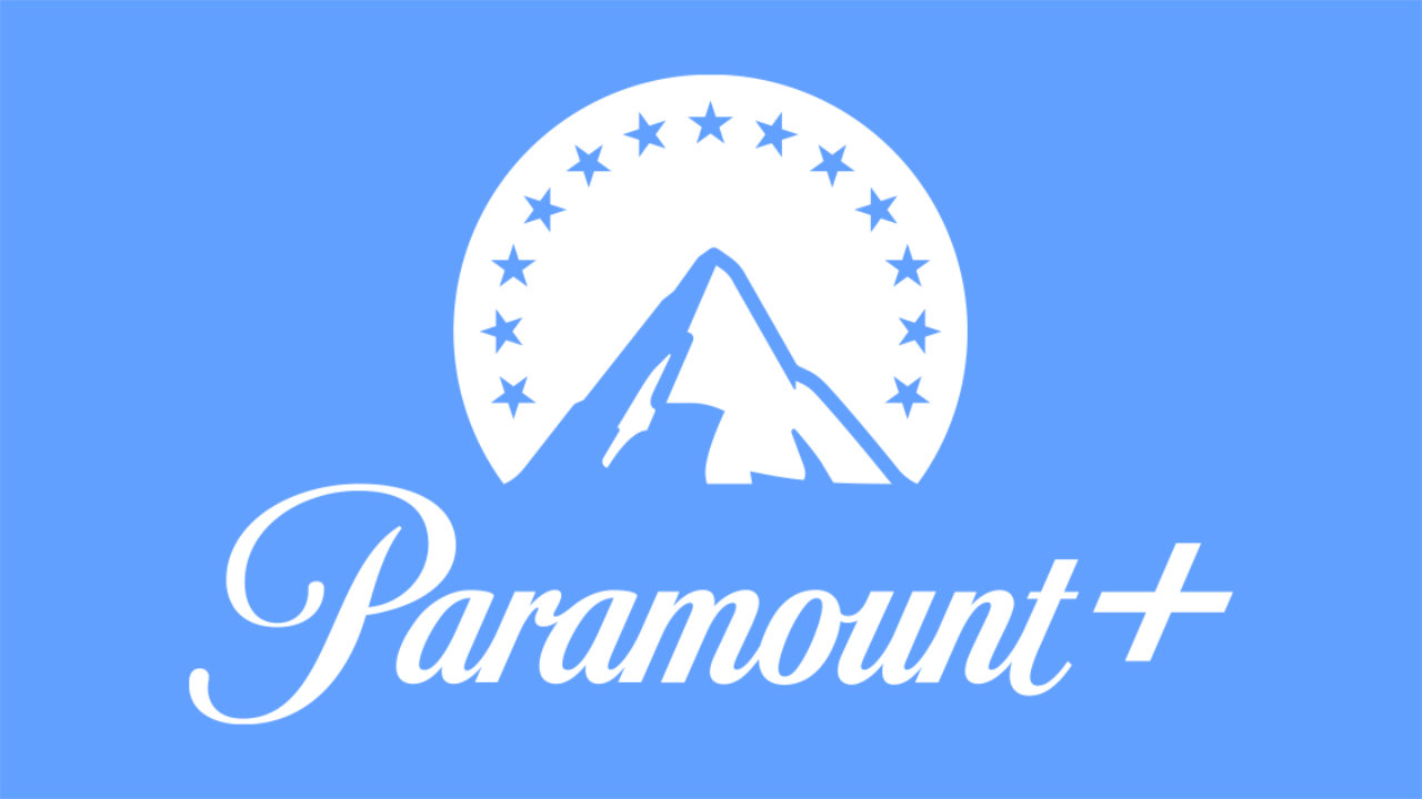 The Paramount Plus logo - a bright blue screen, with a white mountain