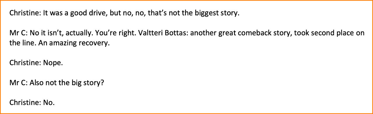 A screenshot of a Sidepodcast transcript featuring script-like conversation between Christine and Mr C