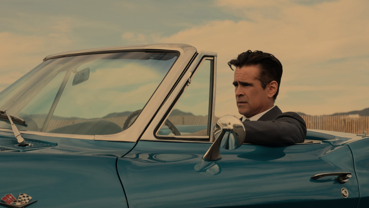 A still from the final episode of Sugar on Apple TV, featuring Colin Farrell as the eponymous character driving a car with the top down in Los Angeles