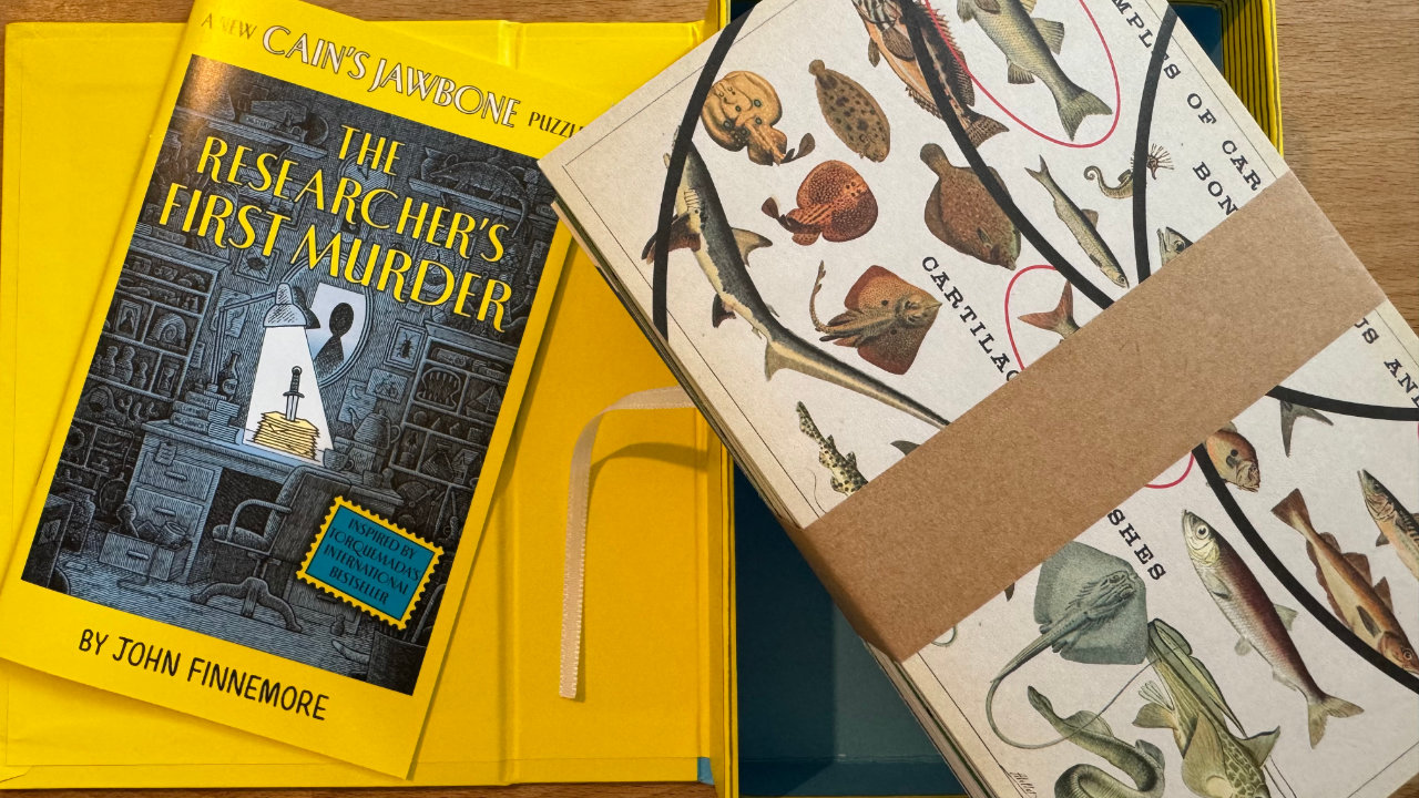 A copy of The Researcher&rsquo;s First Murder by John Finnemore, opened with the introduction booklet to the left and the stack of postcards to the right