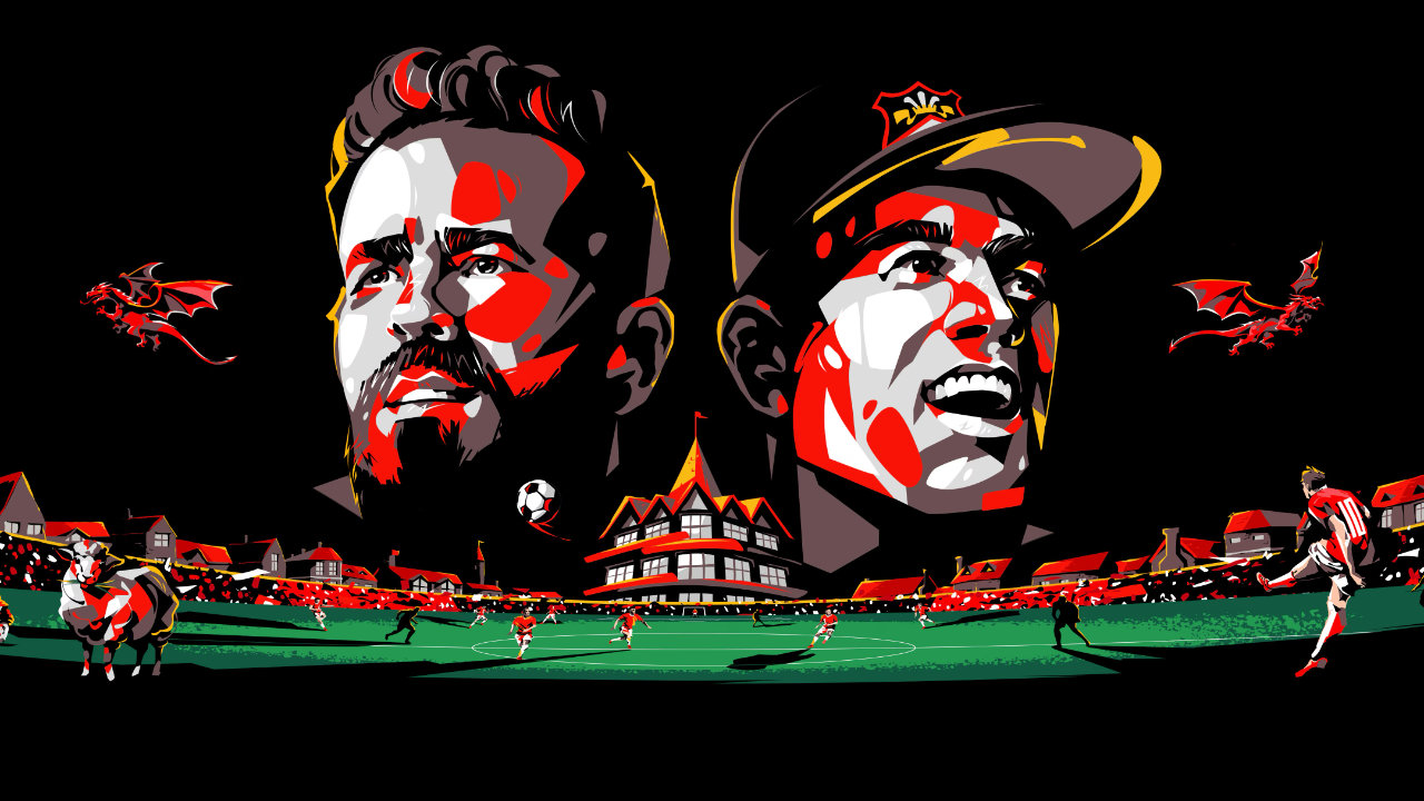 Promotional poster for the Disney show Welcome to Wrexham featuring an artistic styling of Rob McElhenney and Ryan Reynolds faces above a football pitch