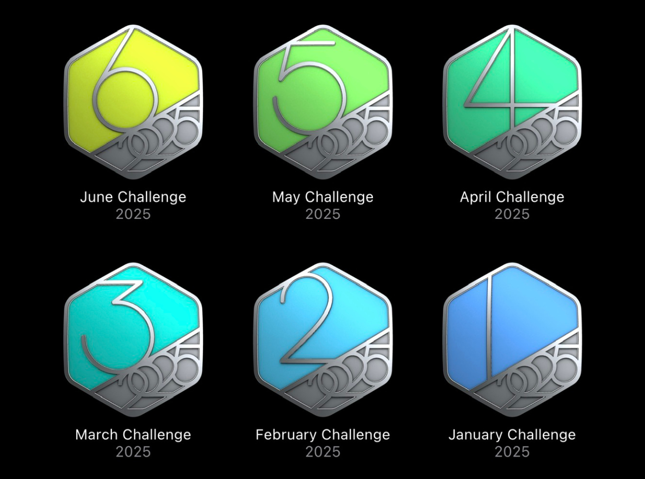 A screenshot of Apple Monthly challenge badges, featuring June counting back to January