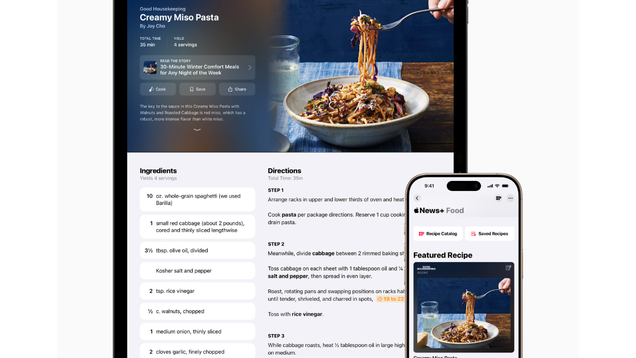 A marketing image of the Apple News+ Food app, featuring a recipe for Creamy Miso Pasta, a photo, the ingredients and directions to make