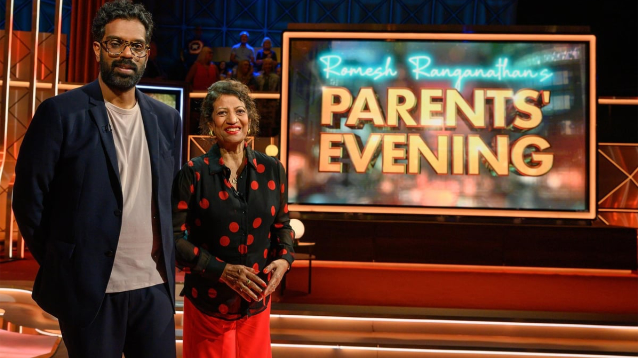 A promotional image for the ITV quiz show Romesh Ranganathan’s Parents’ Evening, featuring host Romesh and his mother Shanthi