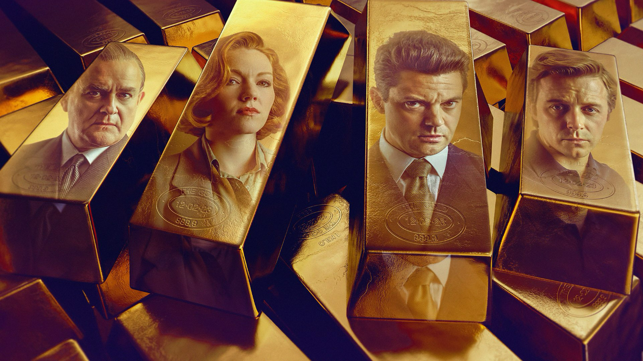 A marketing still for the BBC drama The Gold, featuring Hugh Bonneville, Charlotte Spencer, Dominic Cooper and Jack Lowden, each reflected in a bar of gold
